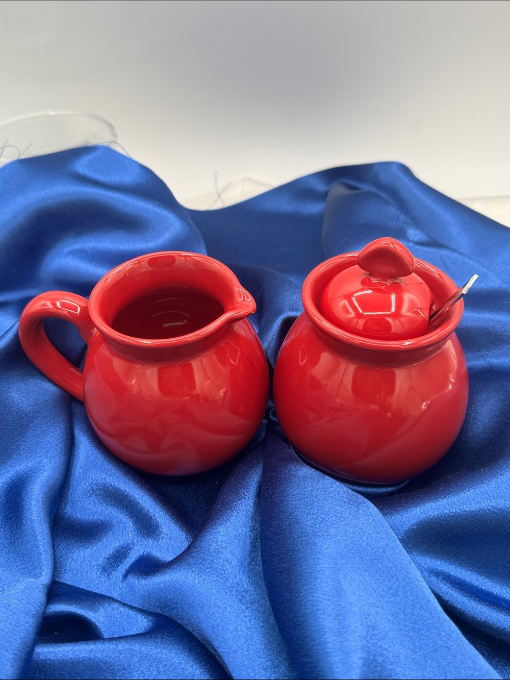 Chantal Red Sugar/Creamer Set; 5” tall sugar bowl with lid and 4” tall creamer